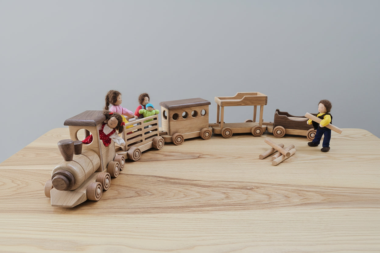 A wooden train set with multiple train parts including a locomotive and several detachable carriages placed on a wooden surface. Dolls and pegs are not included.